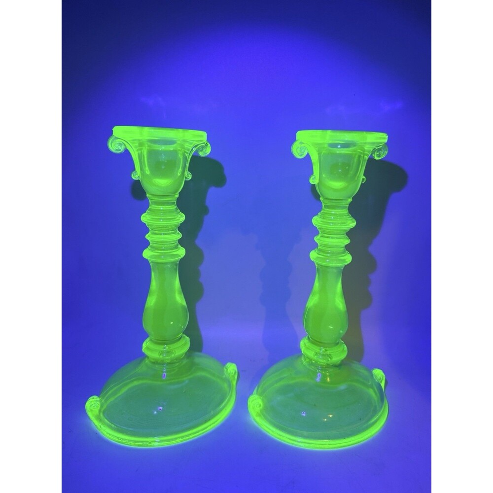 Imperial Double Scroll Yellow Uranium Glass Candle Stick Holders Pair Antique